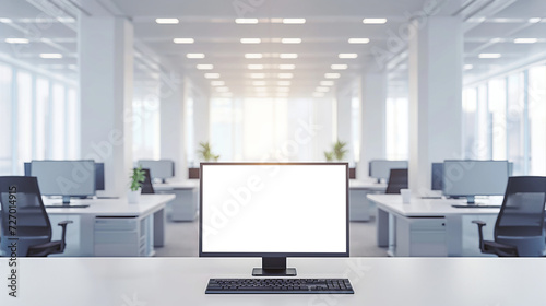 Blank computer screen on work desk in bright modern office