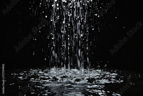 a water is falling from the sky, which is covered by a black background