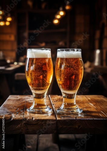 Two glasses of beer on a wooden table in a pub. Generative AI.