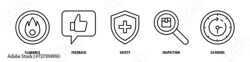 Set of 24 Hours, Inspection, Safety, Feedback, Flammable icons, a collection of clean line icon illustrations with editable strokes for your projects