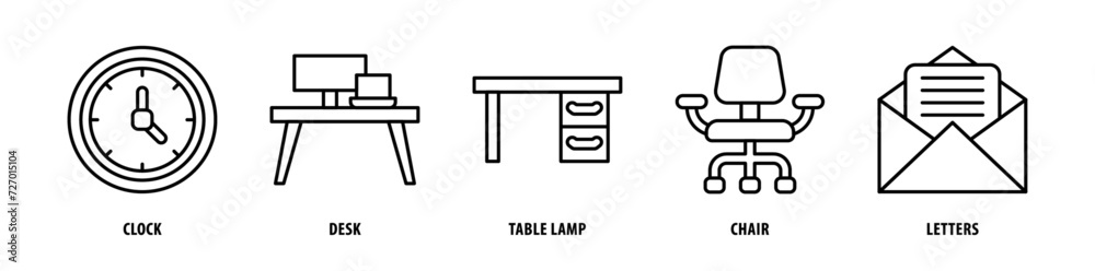 Set of Letters, Chair, Table Lamp, Desk, Clock icons, a collection of clean line icon illustrations with editable strokes for your projects Set of Letters, Chair, Table Lamp, Desk, Clock icons, a collection of clean line icon illustrations with editable strokes for your projects