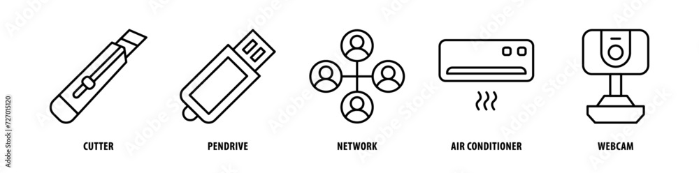 Set of Webcam, Air Conditioner, Network, Pendrive, Cutter icons, a collection of clean line icon illustrations with editable strokes for your projects Set of Webcam, Air Conditioner, Network, Pendrive, Cutter icons, a collection of clean line icon illustrations with editable strokes for your projects