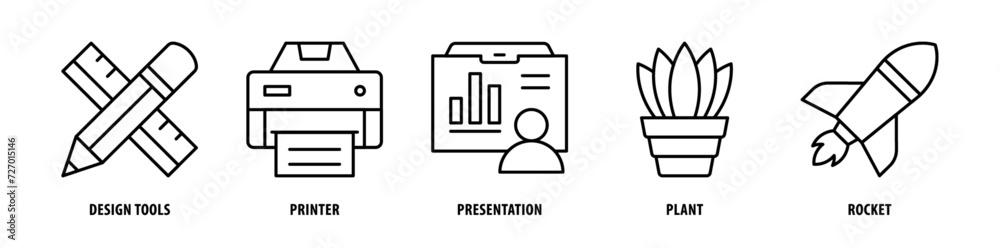 Set of Rocket, Plant, Presentation, Printer, Design Tools icons, a collection of clean line icon illustrations with editable strokes for your projects Set of Rocket, Plant, Presentation, Printer, Design Tools icons, a collection of clean line icon illustrations with editable strokes for your projects