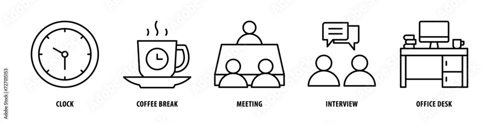 Set of Office Desk, Interview, Meeting, Coffee Break, Clock icons, a collection of clean line icon illustrations with editable strokes for your projects Set of Office Desk, Interview, Meeting, Coffee Break, Clock icons, a collection of clean line icon illustrations with editable strokes for your projects