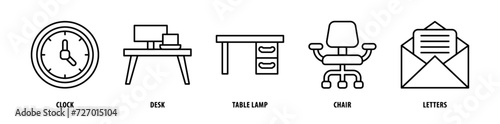 Set of Letters, Chair, Table Lamp, Desk, Clock icons, a collection of clean line icon illustrations with editable strokes for your projects