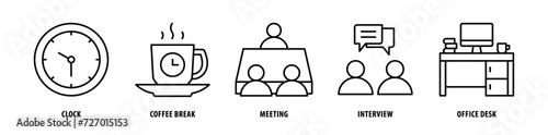 Set of Office Desk, Interview, Meeting, Coffee Break, Clock icons, a collection of clean line icon illustrations with editable strokes for your projects