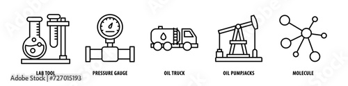 Set of Molecule, Oil Pump, Jacks, Oil Truck, Pressure Gauge, Lab Tool icons, a collection of clean line icon illustrations with editable strokes for your projects
