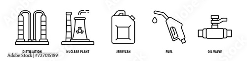 Set of Oil Valve, Fuel, Jerry Can, Nuclear Plant, Distillation icons, a collection of clean line icon illustrations with editable strokes for your projects