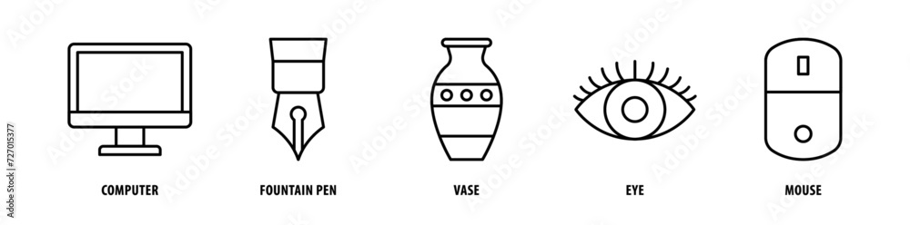 Set of Mouse, Eye, Vase, Fountain Pen, Computer icons, a collection of clean line icon illustrations with editable strokes for your projects