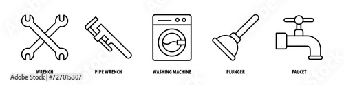 Set of Faucet, Plunger, Washing Machine, Pipe Wrench, Wrench icons, a collection of clean line icon illustrations with editable strokes for your projects
