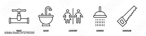 Set of Handsaw, Shower, Lavatory, Basin, Valve icons, a collection of clean line icon illustrations with editable strokes for your projects