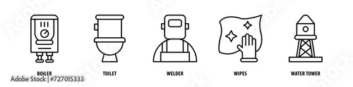 Set of Water Tower, Wipes, Welder, Toilet, Boiler icons, a collection of clean line icon illustrations with editable strokes for your projects
