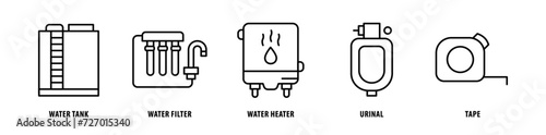 Set of Tape, Urinal, Water Heater, Water Filter, Water Tank icons, a collection of clean line icon illustrations with editable strokes for your projects