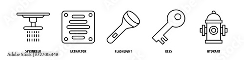 Set of Hydrant, Keys, Flashlight, Extractor, Sprinkler icons, a collection of clean line icon illustrations with editable strokes for your projects