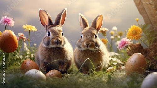 A cute Easter bunny in a meadow among blooming flowers and with colored eggs, a spring day during the Easter holidays.