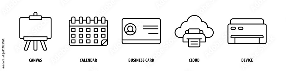 Set of Device, Cloud, Business Card, Calendar, Canvas icons, a collection of clean line icon illustrations with editable strokes for your projects Set of Device, Cloud, Business Card, Calendar, Canvas icons, a collection of clean line icon illustrations with editable strokes for your projects