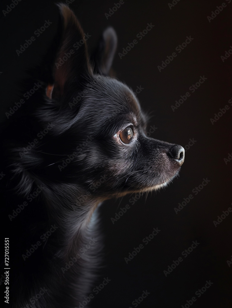 black Chihuahua portrait, cinematic moody light, artistic photo, black background, view from the side