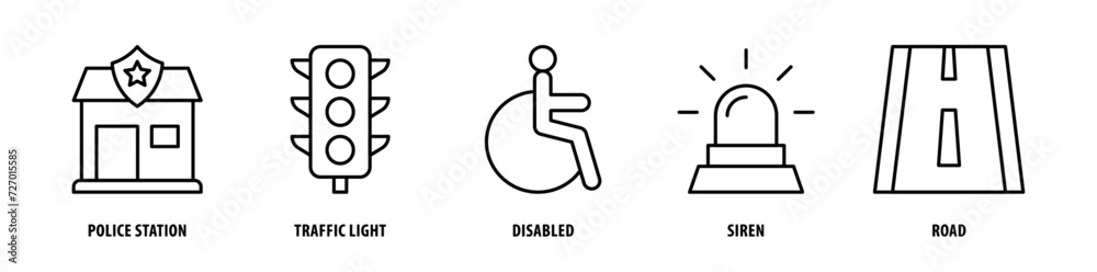 Set of Road, Siren, Disabled, Traffic Light, Police Station icons, a collection of clean line icon illustrations with editable strokes for your projects Set of Road, Siren, Disabled, Traffic Light, Police Station icons, a collection of clean line icon illustrations with editable strokes for your projects
