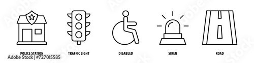 Set of Road, Siren, Disabled, Traffic Light, Police Station icons, a collection of clean line icon illustrations with editable strokes for your projects
