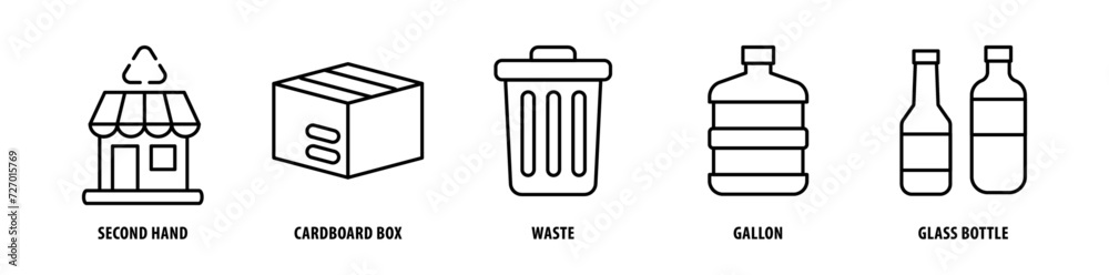 Set of Glass Bottle, Gallon, Waste, Cardboard Box, Second Hand icons, a collection of clean line icon illustrations with editable strokes for your projects Set of Glass Bottle, Gallon, Waste, Cardboard Box, Second Hand icons, a collection of clean line icon illustrations with editable strokes for your projects