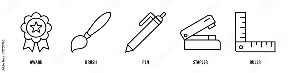 Set of Ruler, Stapler, Pen, Brush, Award icons, a collection of clean line icon illustrations with editable strokes for your projects Set of Ruler, Stapler, Pen, Brush, Award icons, a collection of clean line icon illustrations with editable strokes for your projects