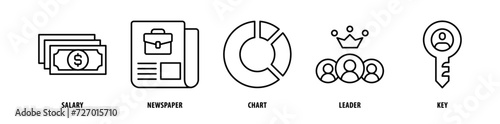 Set of Key, Leader, Chart, Newspapers, Salary icons, a collection of clean line icon illustrations with editable strokes for your projects