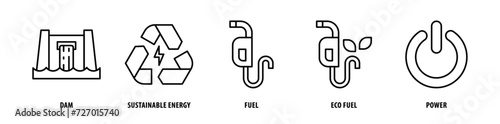 Set of Power, Eco Fuel, Fuel, Sustainable Energy, Dam icons, a collection of clean line icon illustrations with editable strokes for your projects