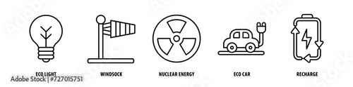 Set of Recharge, Eco Car, Nuclear Energy, Windsock, Eco Light icons, a collection of clean line icon illustrations with editable strokes for your projects