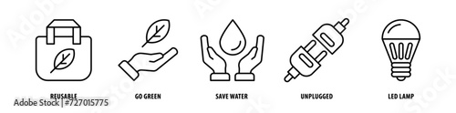 Set of Led Lamp, Unplugged, Save Water, Go Green, Reusable icons, a collection of clean line icon illustrations with editable strokes for your projects