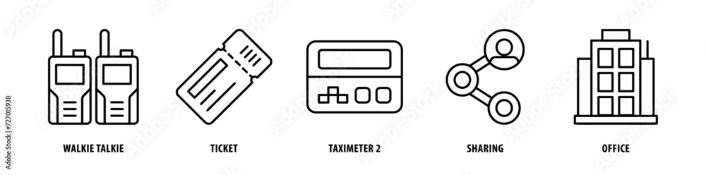 Set of Office Sharing, Taximeter 2, Ticket, Walkie Talkie icons, a collection of clean line icon illustrations with editable strokes for your projects Set of Office Sharing, Taximeter 2, Ticket, Walkie Talkie icons, a collection of clean line icon illustrations with editable strokes for your projects