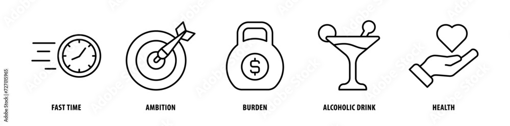 Set of Health, Alcoholic Drink, Burden, Ambition, Fast Time icons, a collection of clean line icon illustrations with editable strokes for your projects Set of Health, Alcoholic Drink, Burden, Ambition, Fast Time icons, a collection of clean line icon illustrations with editable strokes for your projects