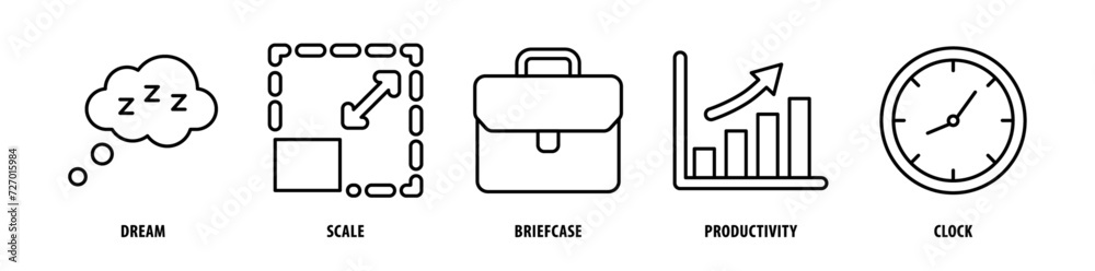 Set of Clock, Productivity, Briefcase, Scale, Dream icons, a collection of clean line icon illustrations with editable strokes for your projects Set of Clock, Productivity, Briefcase, Scale, Dream icons, a collection of clean line icon illustrations with editable strokes for your projects
