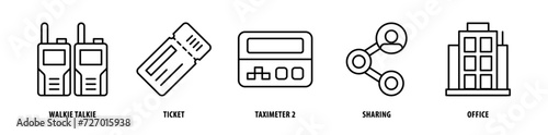 Set of Office Sharing, Taximeter 2, Ticket, Walkie Talkie icons, a collection of clean line icon illustrations with editable strokes for your projects