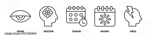 Set of Stress, Holidays, Deadline, Obsession, Fatigue icons, a collection of clean line icon illustrations with editable strokes for your projects