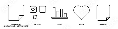 Fotografie Set of Document, Health, Graphic, Selective, Sticky Notes icons, a collection of