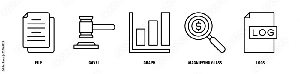 Set of Logs, Magnifying Glass, Graph, Gavel, File icons, a collection of clean line icon illustrations with editable strokes for your projects Set of Logs, Magnifying Glass, Graph, Gavel, File icons, a collection of clean line icon illustrations with editable strokes for your projects
