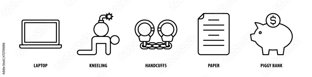 Set of Piggy Bank, Paper, Handcuffs, Kneeling, Laptop icons, a collection of clean line icon illustrations with editable strokes for your projects Set of Piggy Bank, Paper, Handcuffs, Kneeling, Laptop icons, a collection of clean line icon illustrations with editable strokes for your projects