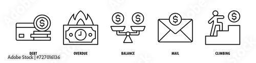 Set of Climbing, Mail, Balance, Overdue, Debt icons, a collection of clean line icon illustrations with editable strokes for your projects