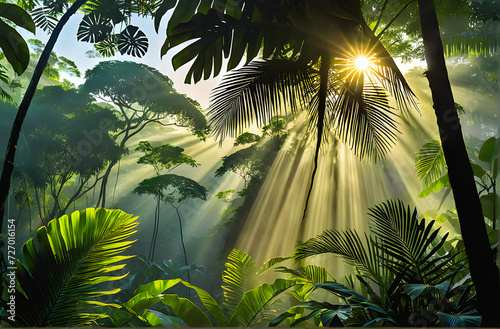 Jungle Reverie  A Captivating Glimpse of Tropical Dawn  where Nature Awakens to the Gentle Glow of a New Day. generative AI