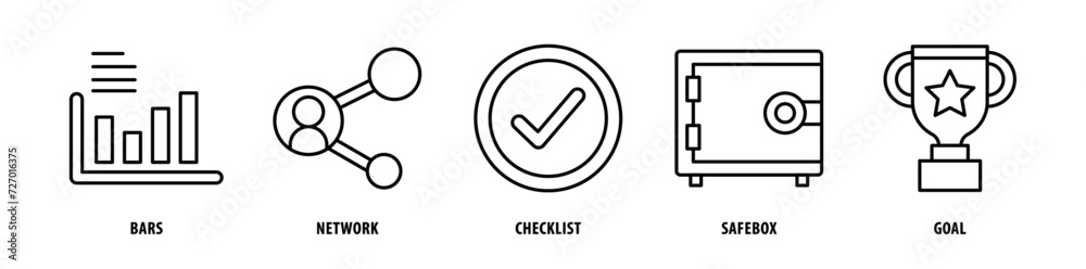 Set of Goal, Safebox, Checklist, Network, Bars icons, a collection of clean line icon illustrations with editable strokes for your projects Set of Goal, Safebox, Checklist, Network, Bars icons, a collection of clean line icon illustrations with editable strokes for your projects