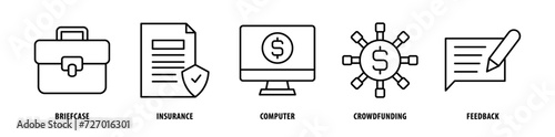 Set of Feedback, Crowdfunding, Computer, Insurance, Briefcase icons, a collection of clean line icon illustrations with editable strokes for your projects