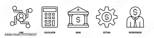 Set of Entrepreneur, Setting, Bank, Calculator, Link icons, a collection of clean line icon illustrations with editable strokes for your projects