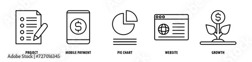 Set of Growth, Website, Pie Chart, Mobile Payment, Project icons, a collection of clean line icon illustrations with editable strokes for your projects