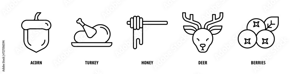 Set of Berries, Deer, Honey, Turkey, Acorn icons, a collection of clean line icon illustrations with editable strokes for your projects Set of Berries, Deer, Honey, Turkey, Acorn icons, a collection of clean line icon illustrations with editable strokes for your projects