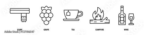 Set of Wine, Campfire, Tea, Grapes, Scarf icons, a collection of clean line icon illustrations with editable strokes for your projects