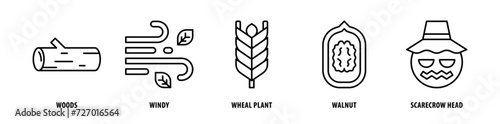 Set of Scarecrow Head, Walnut, Wheat Plant, Windy, Woods icons, a collection of clean line icon illustrations with editable strokes for your projects