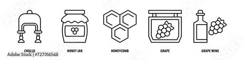 Set of Grape Wine, Grape, Honeycomb, Honey Jar, Chullo icons, a collection of clean line icon illustrations with editable strokes for your projects