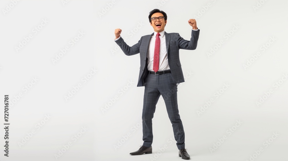 Joy and Cheerful Energetic Professional Confident young asian business man successful celebration, wearing a suit, isolated on a white background