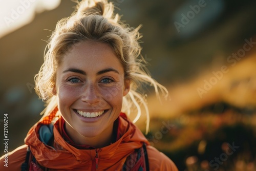 Outdoor Adventure Woman Smiling in Golden Light. Joyful Female Trail Runner in Mountain Landscape