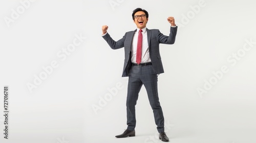 Joy and Cheerful Energetic Professional Confident young asian business man successful celebration, wearing a suit, isolated on a white background
